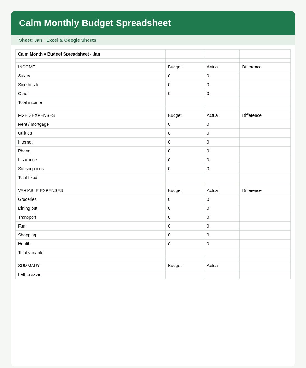 Calm Monthly Budget Spreadsheet
