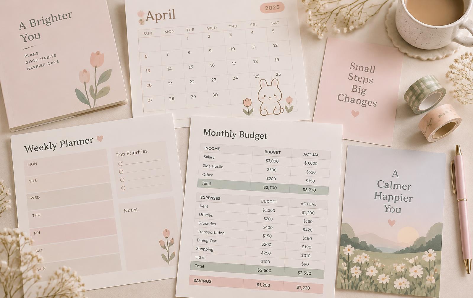 Pastel printable planners, calendar and budget sheet flat lay
